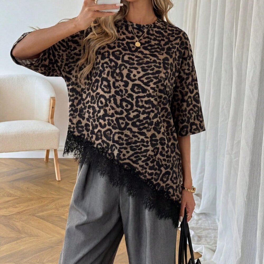 Multicolor Casual Women's Leopard Print Lace Patchwork Short Sleeve T-Shirt